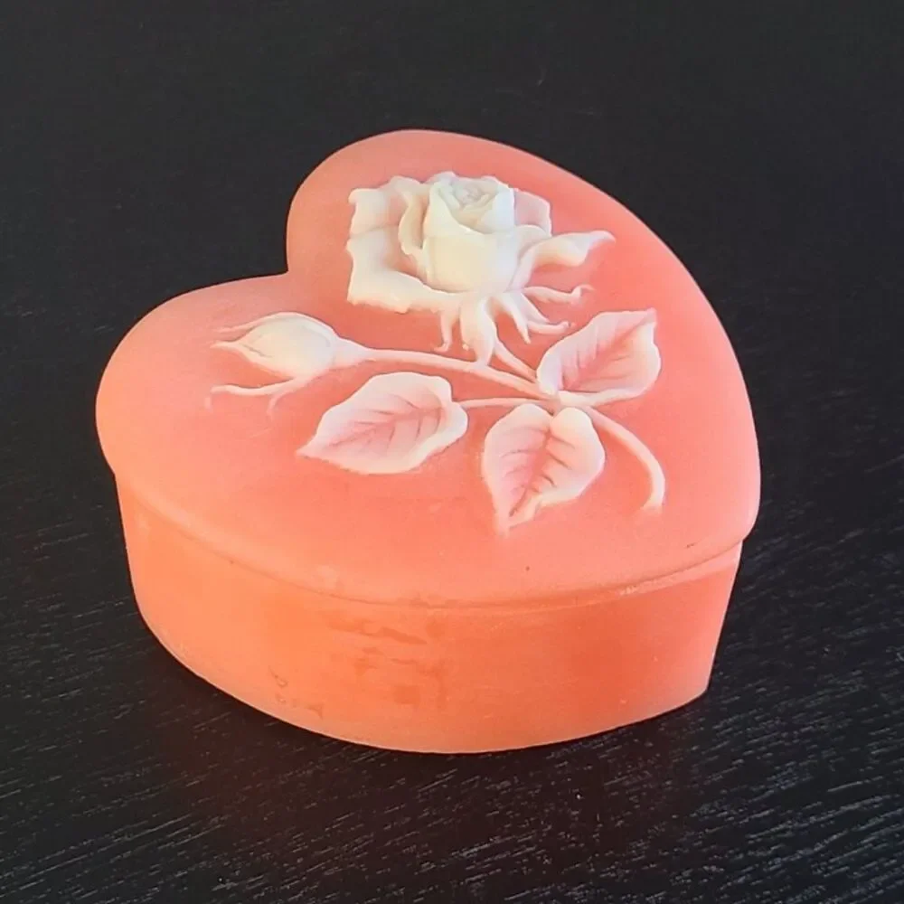 Vintage Soapstone Heart Trinket Box Carved Rose Floral Pink Stone Jewelry Dish